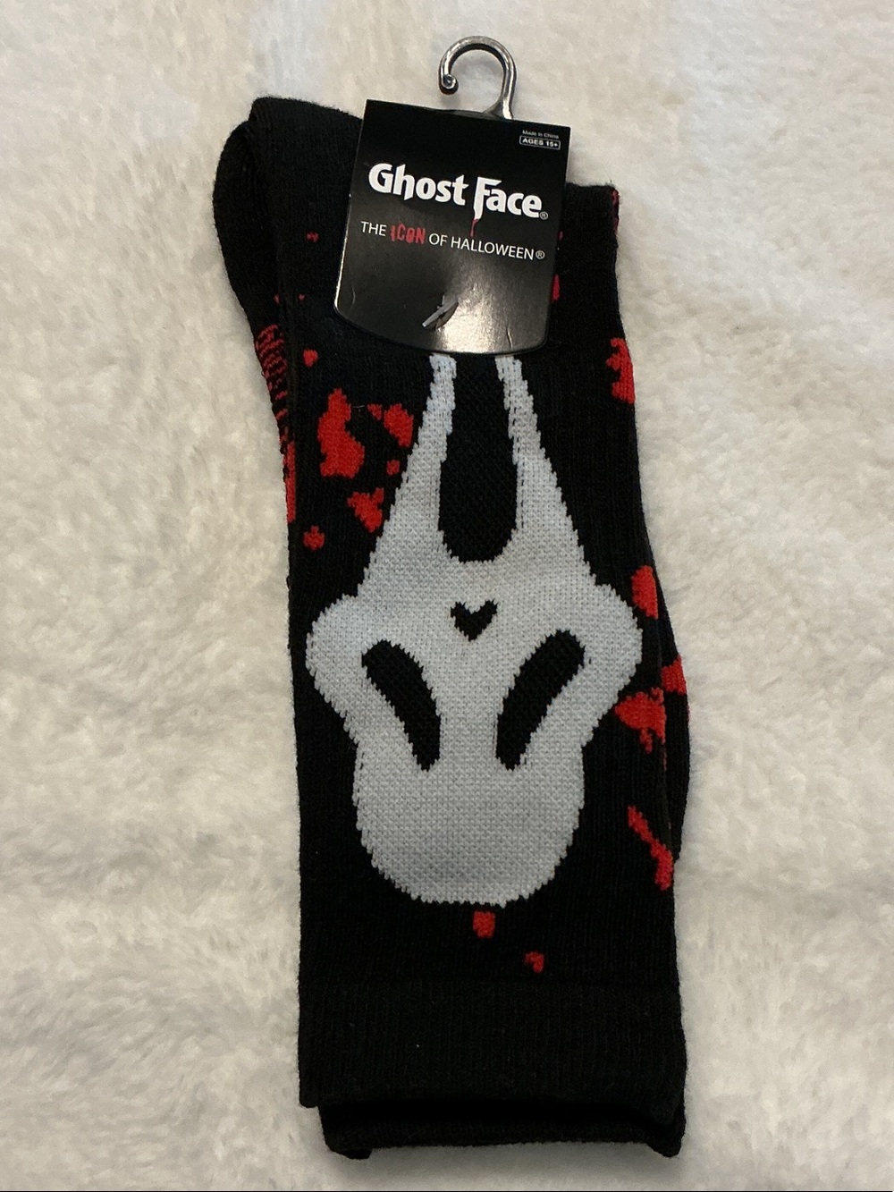 Bioworld Black Crew Socks with White Ghost Face and Red Accents